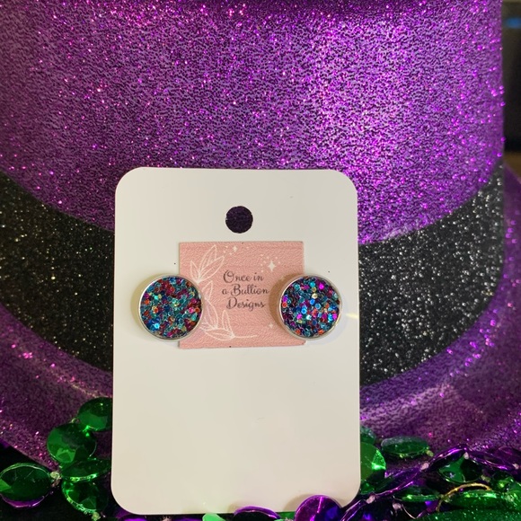 Mardi Gras Inspired faux leather glitter studs with stainless post - Picture 3 of 4